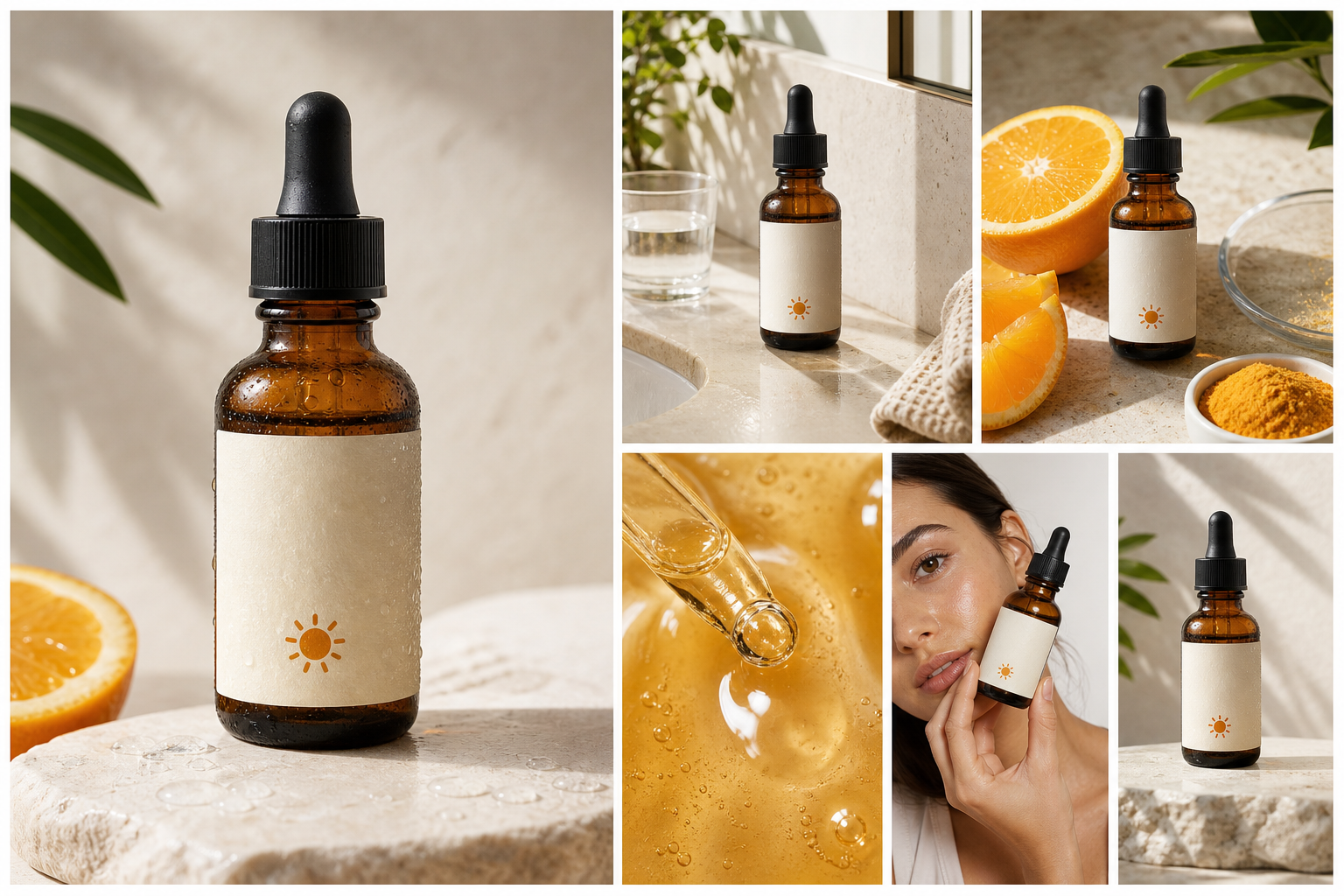 The same serum bottle across clean product, bathroom, ingredient, texture, model, and advertising campaign photographs