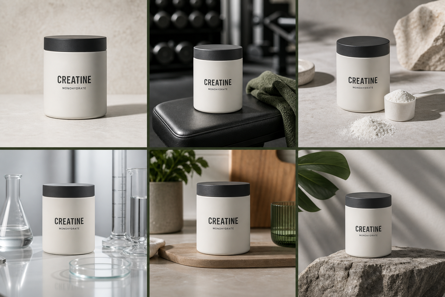 The same creatine tub across product, gym, ingredient, scientific, lifestyle, and advertising campaign photographs